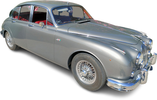 Jaguar MK2 3.8 del 1963 noleggio in Umbria Toscana Marche Colore grigio gun metal, interni in pelle connoly rosso Cartier targa Asi oro