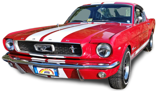 Noleggio Ford Mustang Fastback del 1966 con motore V8 4700 di cilindrata colore rosso (Candy apple red) in Toscana, Liguria, Emilia Romagna, Lombardia